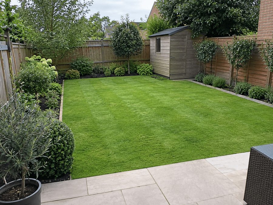 Tidy garden with a neat lawn, trimmed shrubs and clean edging